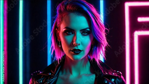 A beautiful cyberpunk girl stands against the backdrop of the night city of the future. Cyberpunk concept. 