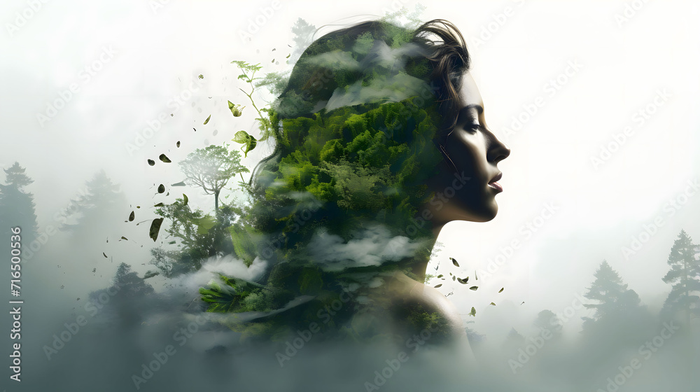 Close-up portrait of an attractive woman combined with plants, created according to an ecological concept