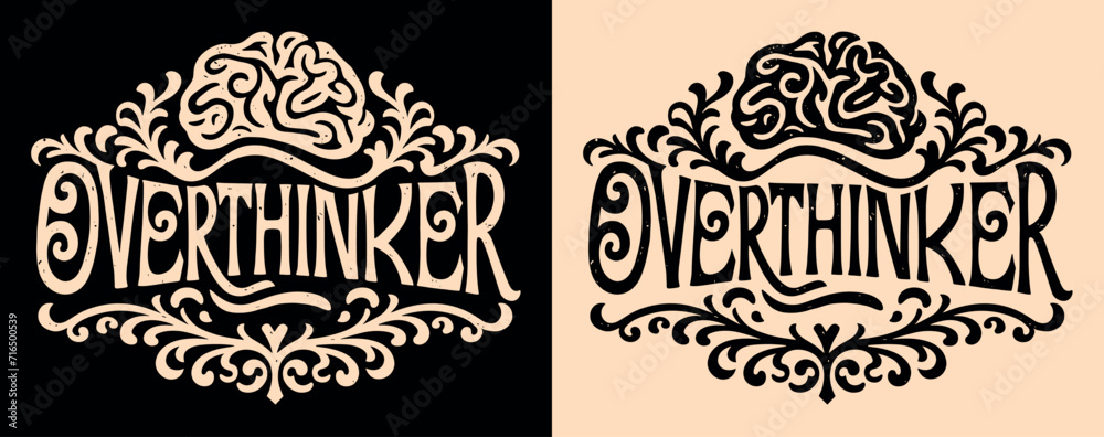 Overthinker lettering drawing brain. Dark academia vintage retro aesthetic illustration. Deep thinker introvert quotes. Overthinking complex mind concept text t-shirt design, sticker and print vector.