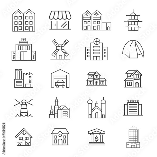 Buildings line icon set. Bank, school, courthouse, university, library. Architecture concept. Can be used for topics like office, city, real estate