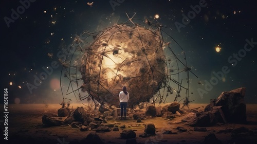 A fantastic scene with a human figure standing in front of a giant glowing ball, consisting of many connected lines and nodes, against the backdrop of a starry desert sky. photo