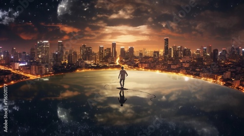 A surreal composition depicting a human figure on a SUP board against the background of a mirror reflection of the city landscape in a night lake under a starry sky.