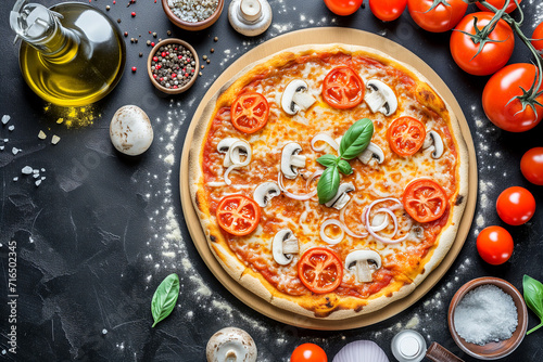 Pizza with meat, cheese and tomatoes on a dark background.