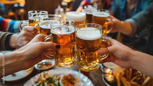 a group of people toasting with beer glasses in a restaurant or bar  with food and drinks on the table