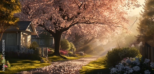 a field of flowers and trees with sunlight
