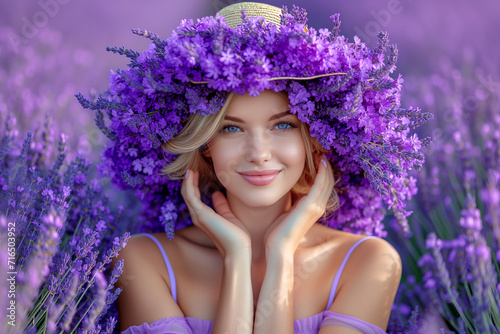 beautiful young girl a straw hat on a field of purple flowers