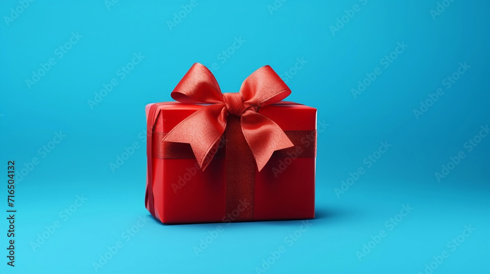 A gift wrapped in red on one side of the image against a blue background. Aerial view.