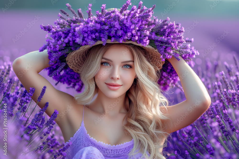 beautiful young girl a straw hat on a field of purple flowers beautiful young girl a straw hat on a field of purple flowers