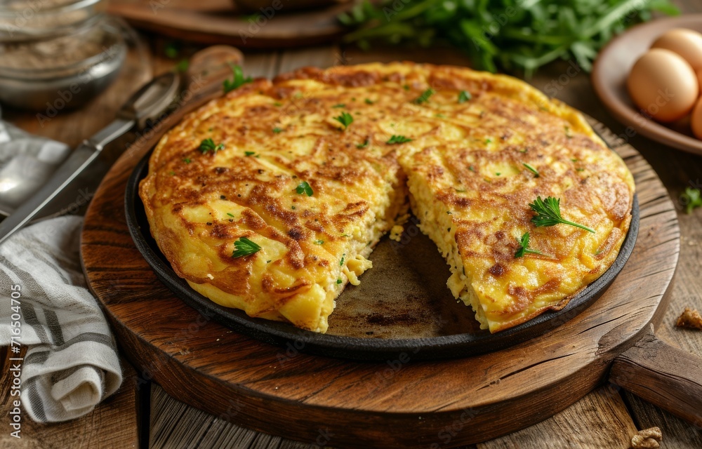 Traditional Spanish Omelette with Parsley Garnish on Wooden Board