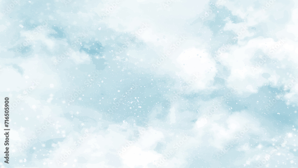 Abstract blue winter watercolor background. Sky pattern with snow. Light blue watercolour paper texture background. Vector water color design illustration