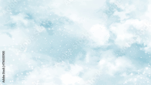 Abstract blue winter watercolor background. Sky pattern with snow. Light blue watercolour paper texture background. Vector water color design illustration