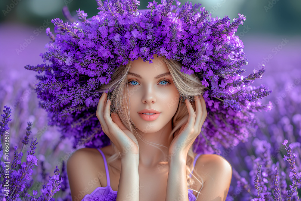 Close up portrait of beautiful young woman in lavender field. Close up portrait of beautiful young woman in lavender field.