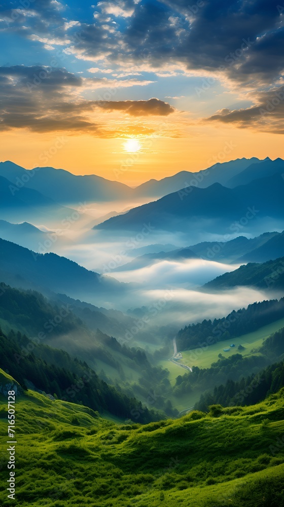 Obraz premium Sunrise over mountains captured in an aerial shot , Sunrise over mountains, aerial shot