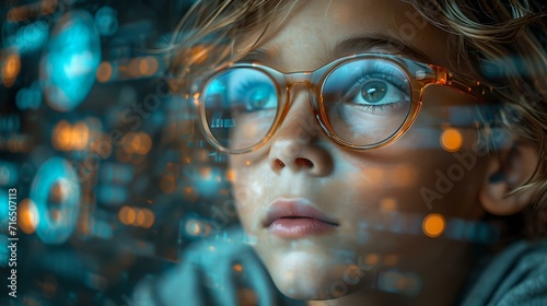 Curious child with glasses gazes in wonder amidst technology. a vision of future learning and discovery. AI photo