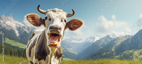 Fototapeta Naklejka Na Ścianę i Meble -  Funny animal background banner panorama - Laughing cow, with mouth open and tongue sticking out, in the mountains on green fresh meadow