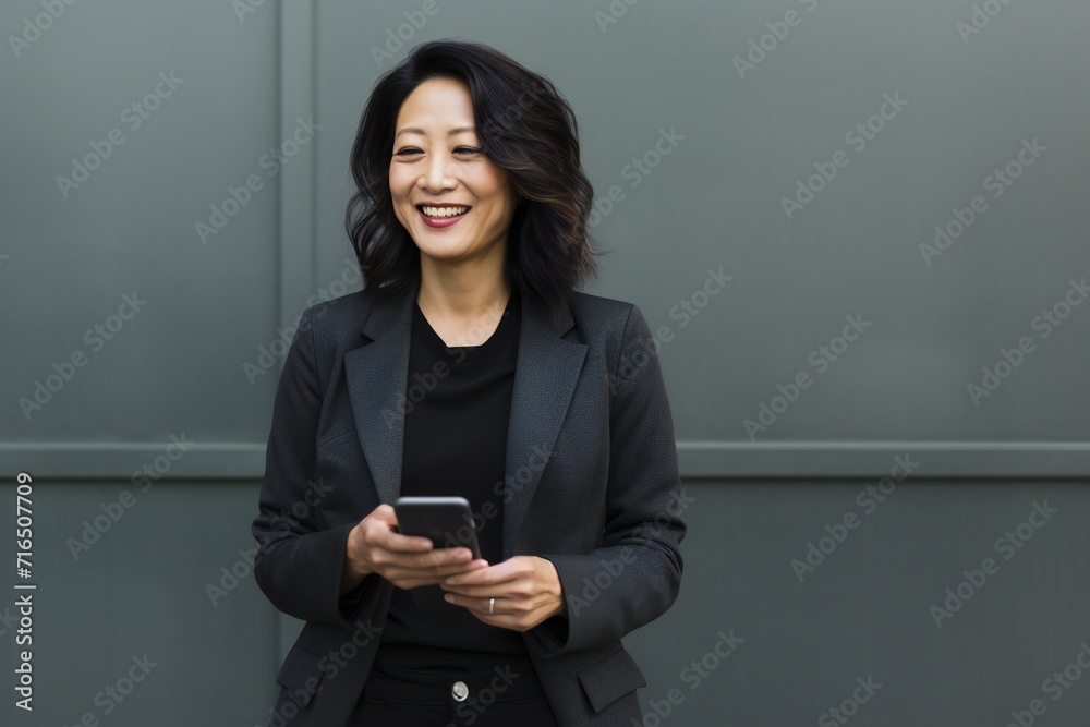 Smiling mature asian american woman with a smartphone isolated on a grey background Smiling mature asian american woman with a smartphone isolated on a grey background