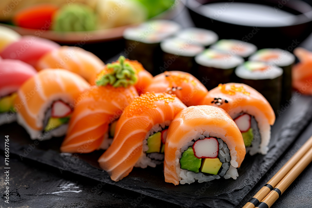 Big set of Japanease food. Sushi and rolls on a dark background. Big set of Japanease food. Sushi and rolls on a dark background.