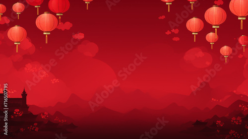 A vibrant banner featuring traditional Chinese lanterns against a rich red backdrop, symbolizing prosperity and good fortune. negative space. Generative AI.