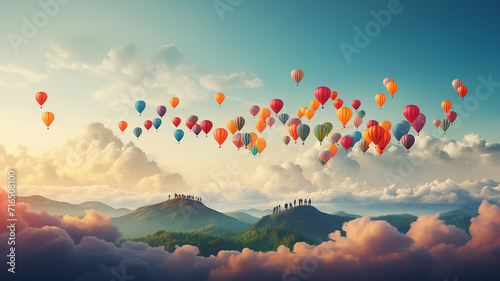 a group of people against the background of balloons launched into the sky, the concept of society, happiness and freedom photo