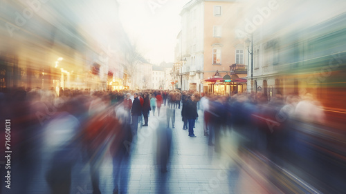 a crowd of people in the city, tourists on an old city street abstract blurred people in motion © kichigin19