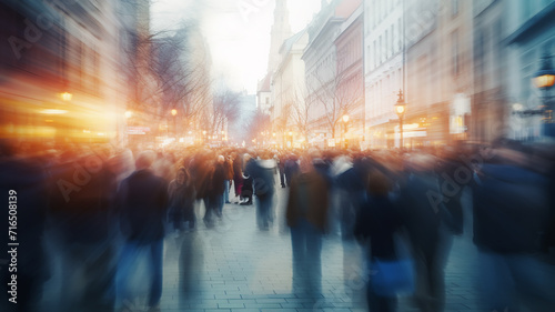 a crowd of people in the city  tourists on an old city street abstract blurred people in motion