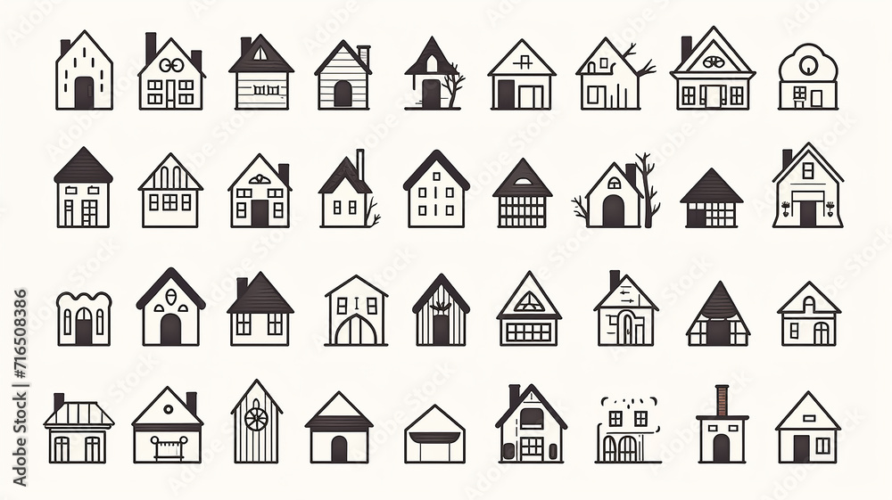 collection of icons of small houses isolated on a white background, flat minimalism graphics, set of illustrations of simple houses