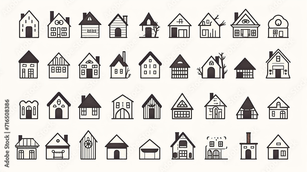 collection of icons of small houses isolated on a white background, flat minimalism graphics, set of illustrations of simple houses collection of icons of small houses isolated on a white background, flat minimalism graphics, set of illustrations of simple houses