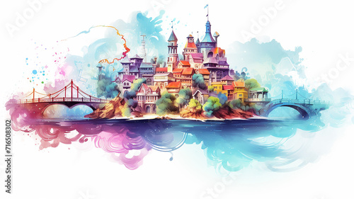 multicolored abstract city, watercolor illustration ink and spots of all colors of the rainbow isolated on a white background, composition of a row of houses