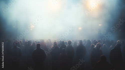 abstract silhouettes of crowds of people in the fog, blurred light background urban view traffic