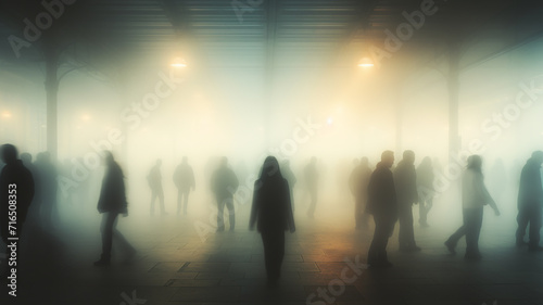 a crowd of people in blurry motion in the fog of a city street, abstract background, urban smoke, concept social issues