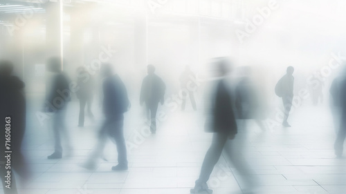 a crowd of people in blurry motion in the fog of a city street, abstract background, urban smoke, concept social issues