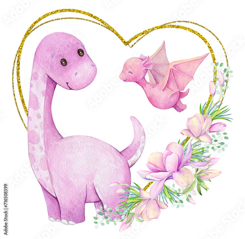 pink dinosaurs  gold frame  heart shape  flowers. Watercolor cartoon-style clipart on an isolated background.