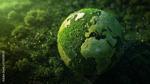 Planet earth made of green grass and moss. View from space to earth. Eco-friendly planet