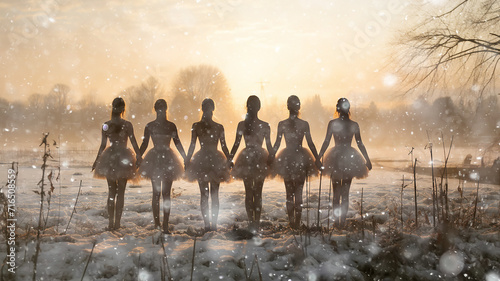 a group of ballerinas in a row on a nature landscape in winter dancing ballet in the morning fog like white swans on a lake