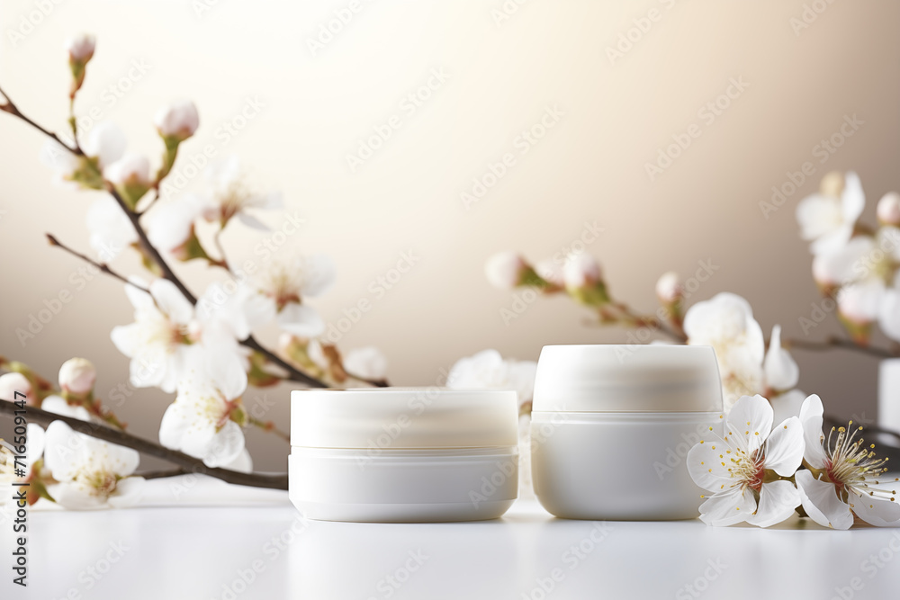 Cosmetic cream jars mockup on white background with spring flowers. Skin care product package design. 