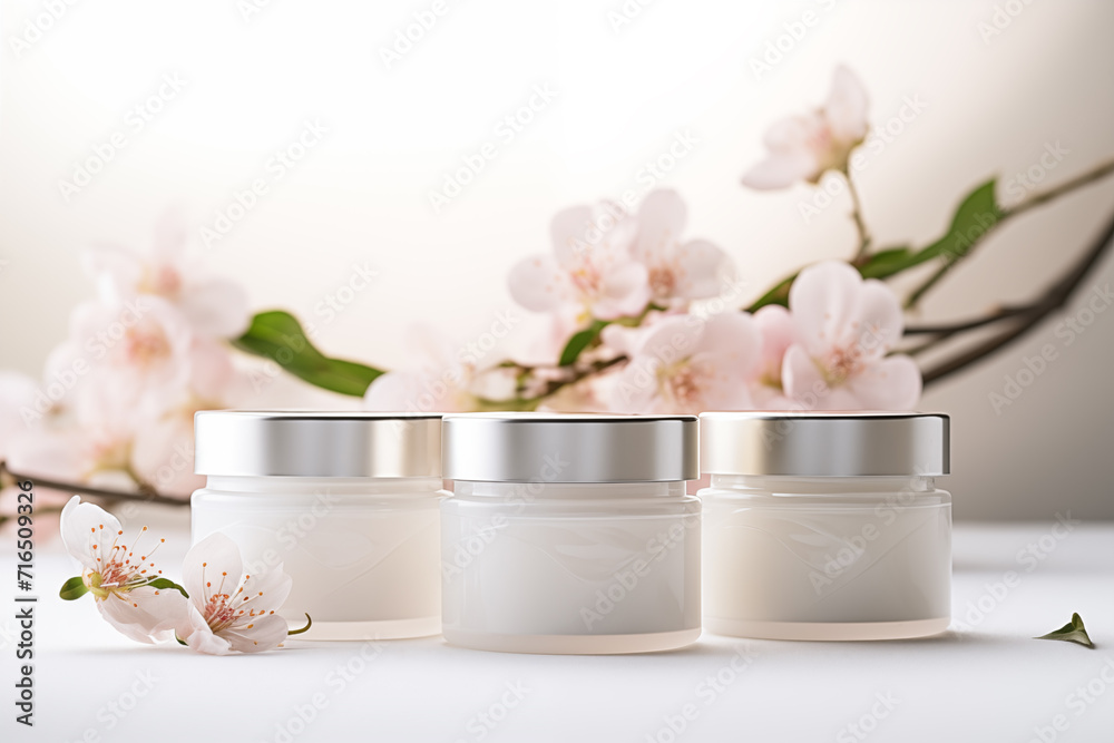 Cosmetic cream jars mockup on white background with spring flowers. Skin care product package design. Cosmetic cream jars mockup on white background with spring flowers. Skin care product package design.