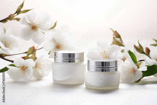 Cosmetic cream jars mockup on white background with spring flowers. Skin care product package design.