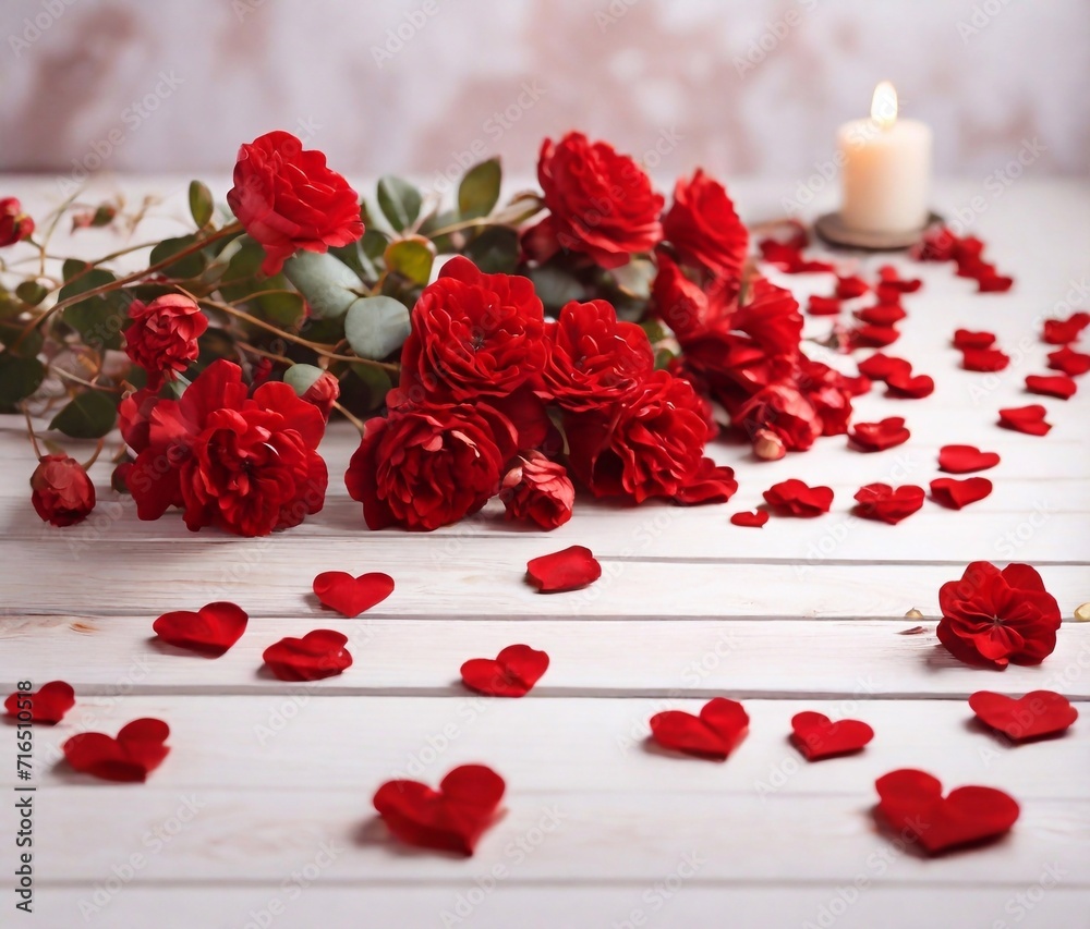 romantic background with red flowers and hearts and white wooden table floor
