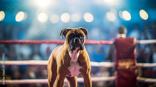 Canvas Print a boxer breed dog stands in a boxing ring with a blurred background of glowing lights and a red corner of the ring