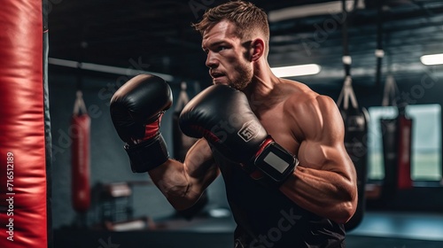 A muscular boxer is concentratedly training punches on a punching bag in a gym with dark lighting. concept: boxing training, sports, competitions © Kostya