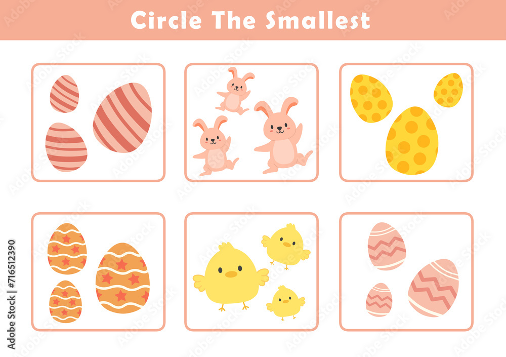 Circle the smallest object in each group. Education game for children with cute easter illustration. Fun and educational size comparison worksheets for kids. Find the smallest easter egg. Circle the smallest object in each group. Education game for children with cute easter illustration. Fun and educational size comparison worksheets for kids. Find the smallest easter egg.