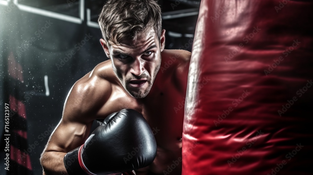 A muscular boxer is concentratedly training punches on a punching bag in a gym with dark lighting. concept: boxing training, sports, competitions