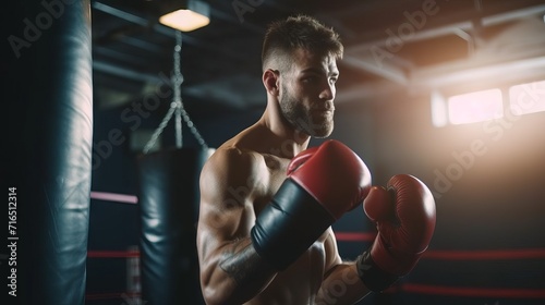 A muscular boxer is concentratedly training punches on a punching bag in a gym with dark lighting. concept: boxing training, sports, competitions