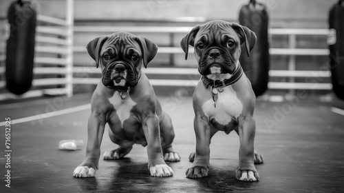 Photo A black and white photograph of two boxer dogs standing in a boxing ring, creating a playful image of boxers