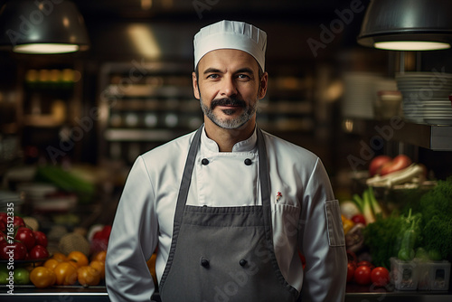 Portrait of male chef at restaurant kitchen made with generative AI