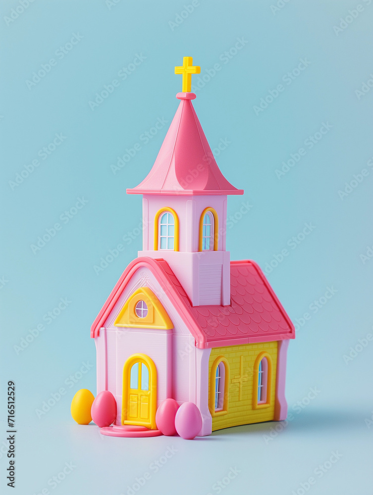 Pink yellow and blue Plastic mini church dollhouse toy playset for bible school education toys or religious playtime faith activities to use for banners or Kids Christians events or camp activities