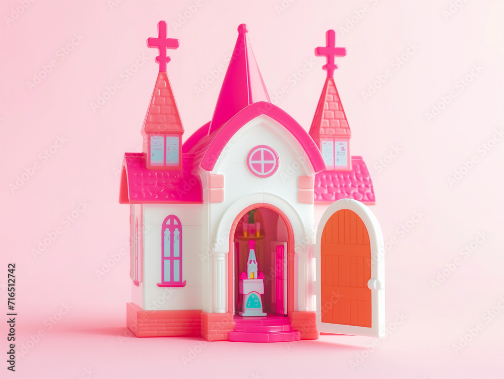 Photo of 80s church miniature plastic toy in pink and white with door opened showing inside the ministry, features 2 crosses on roof of 3d building, use playset for religious banners and bible school Photo of 80s church miniature plastic toy in pink and white with door opened showing inside the ministry, features 2 crosses on roof of 3d building, use playset for religious banners and bible school