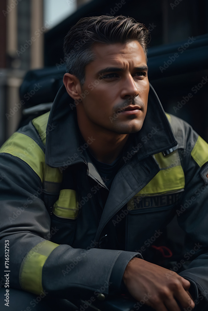 Fireman in Uniform Sitting Down on a Chair, Ready for Action. Generative AI.