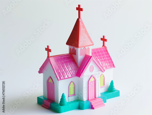 3d plastic tiny church dollhouse playset with retro vibes and cross on roof in pink white  use for religious educationposters or banners  bible sunday school or faith based playtime events or party