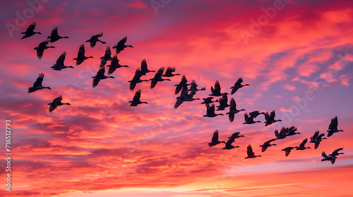 Migratory birds in flight against a colorful sky during seasonal journey. World wildlife day © Tazzi Art